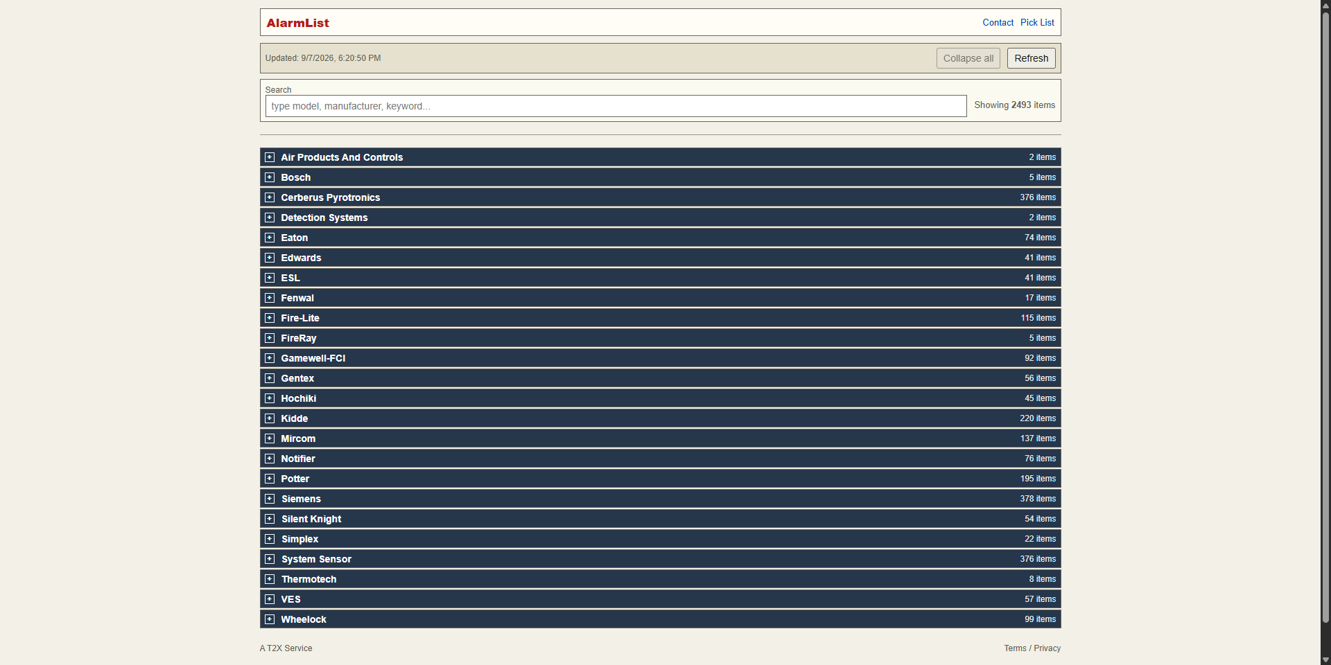 AlarmList device catalog grouped by manufacturer